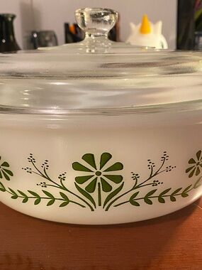 VTG Glasbake 2 Qt Casserole Dish Bowl with Glass Lid Primrose Dream Daisy Green